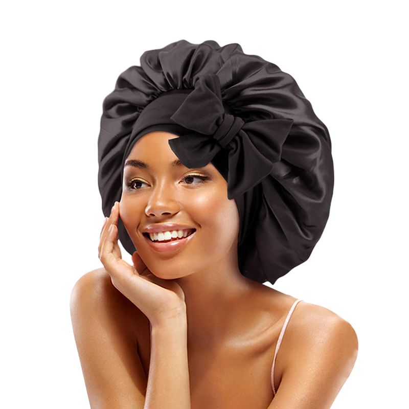 MHS Satin Bonnet – Jumbo Met Rekbare Tie voor Alle Haartypes (Zwart)