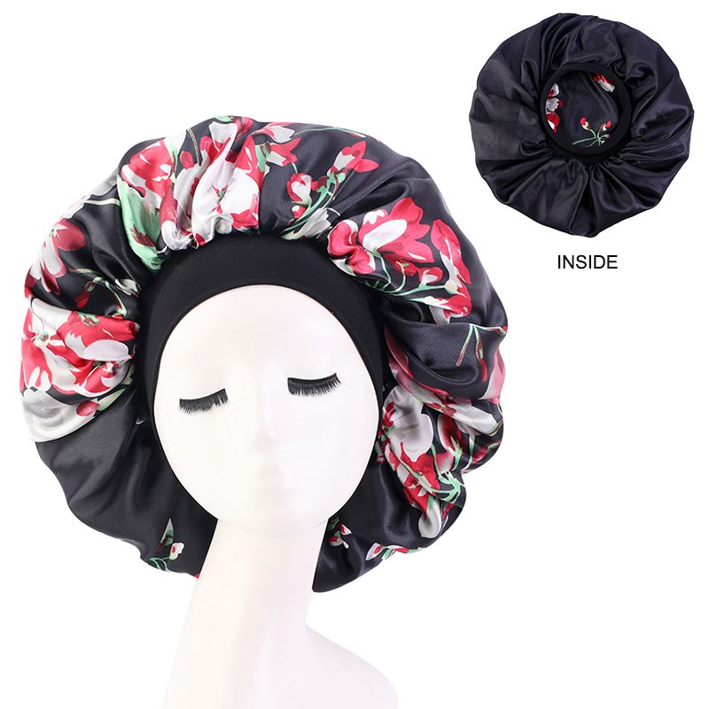 MHS Satin Silky Bonnet – Extra Grote Slaapmuts met Bloemenpatroon (Zwart)