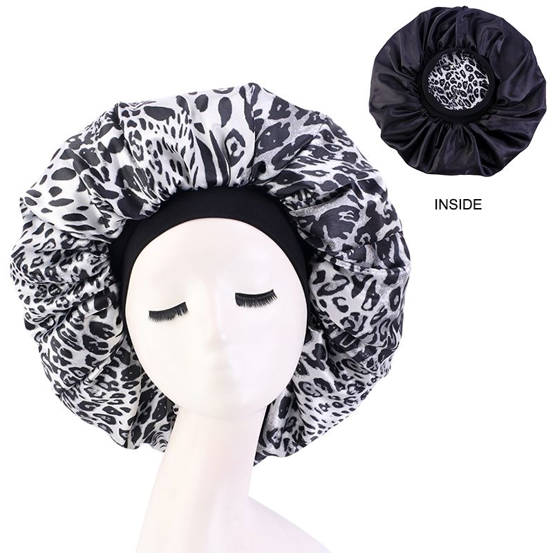 MHS Satin Silky Bonnet – Extra Grote Slaapmuts met Dubbele Laag (Zwart Luipaard)